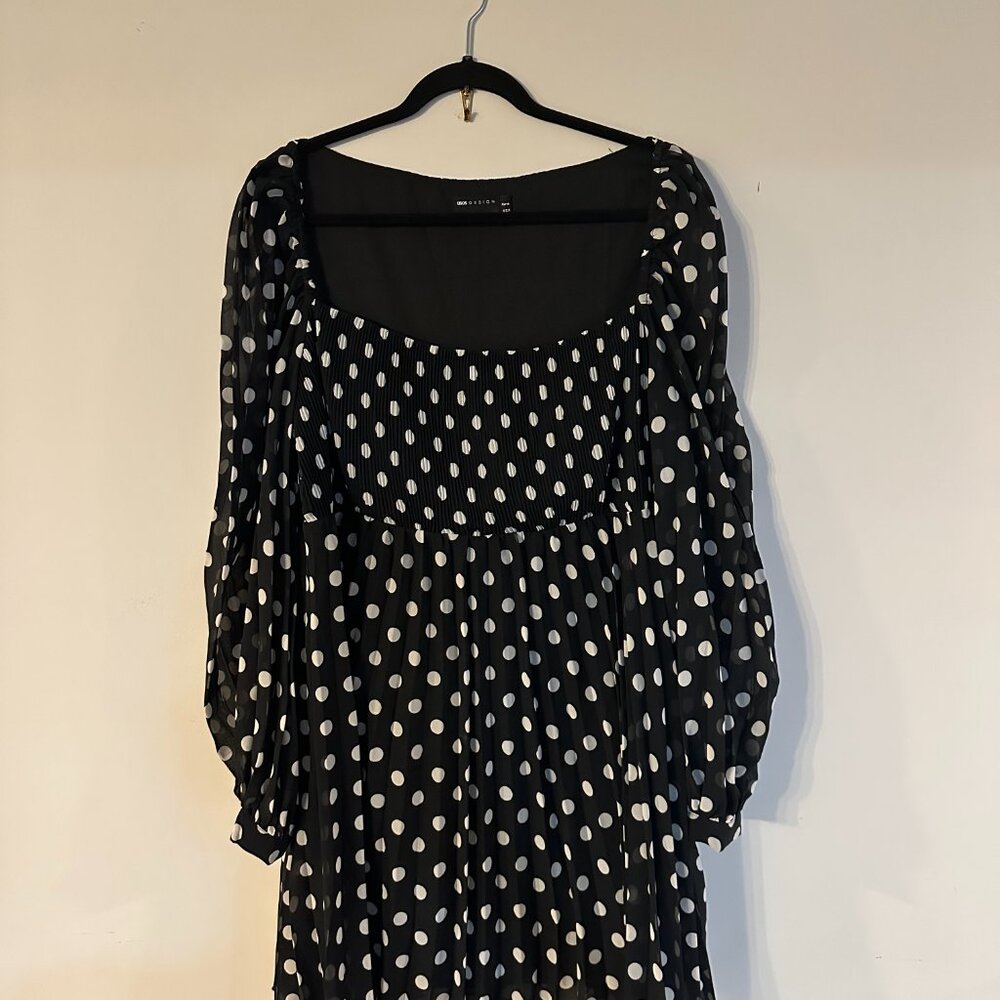 ASOS DESIGN Square Neck Long Sleeve Mini Skater Dress in Polka Dot Print
